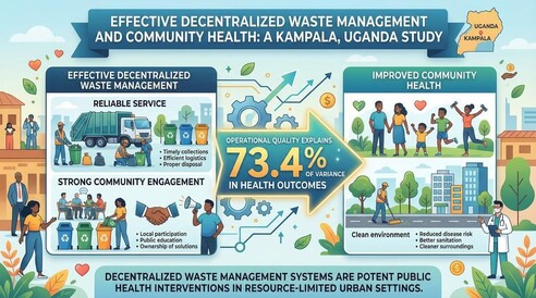 This study in Kampala, Uganda, found that effective decentralized waste management, characterized by reliable service and strong community engagement, is strongly linked to improved community health. The operational quality of these systems explained 73.4% of the variance in health outcomes, demonstrating their potential as public health interventions in resource-limited urban settings